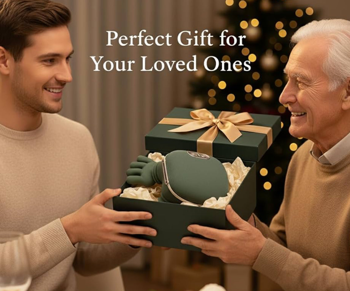 Man giving a gift to an older man with a Christmas tree in the background