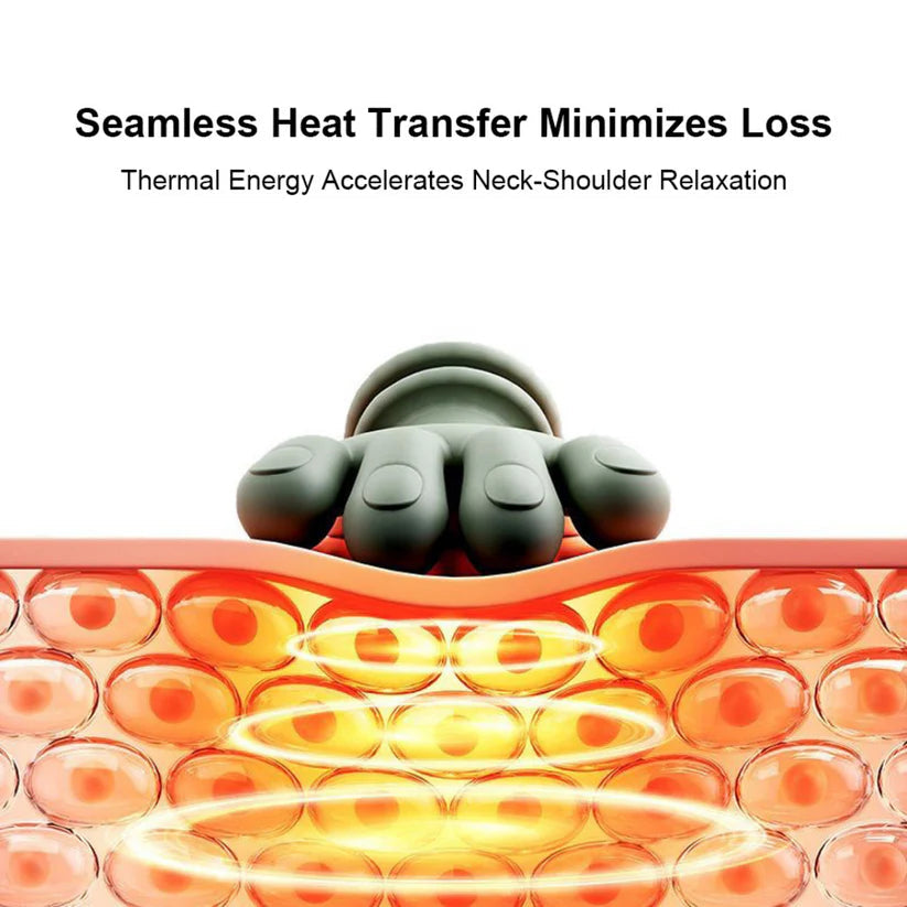 Heating pad on skin with thermal energy illustration and text about heat transfer.