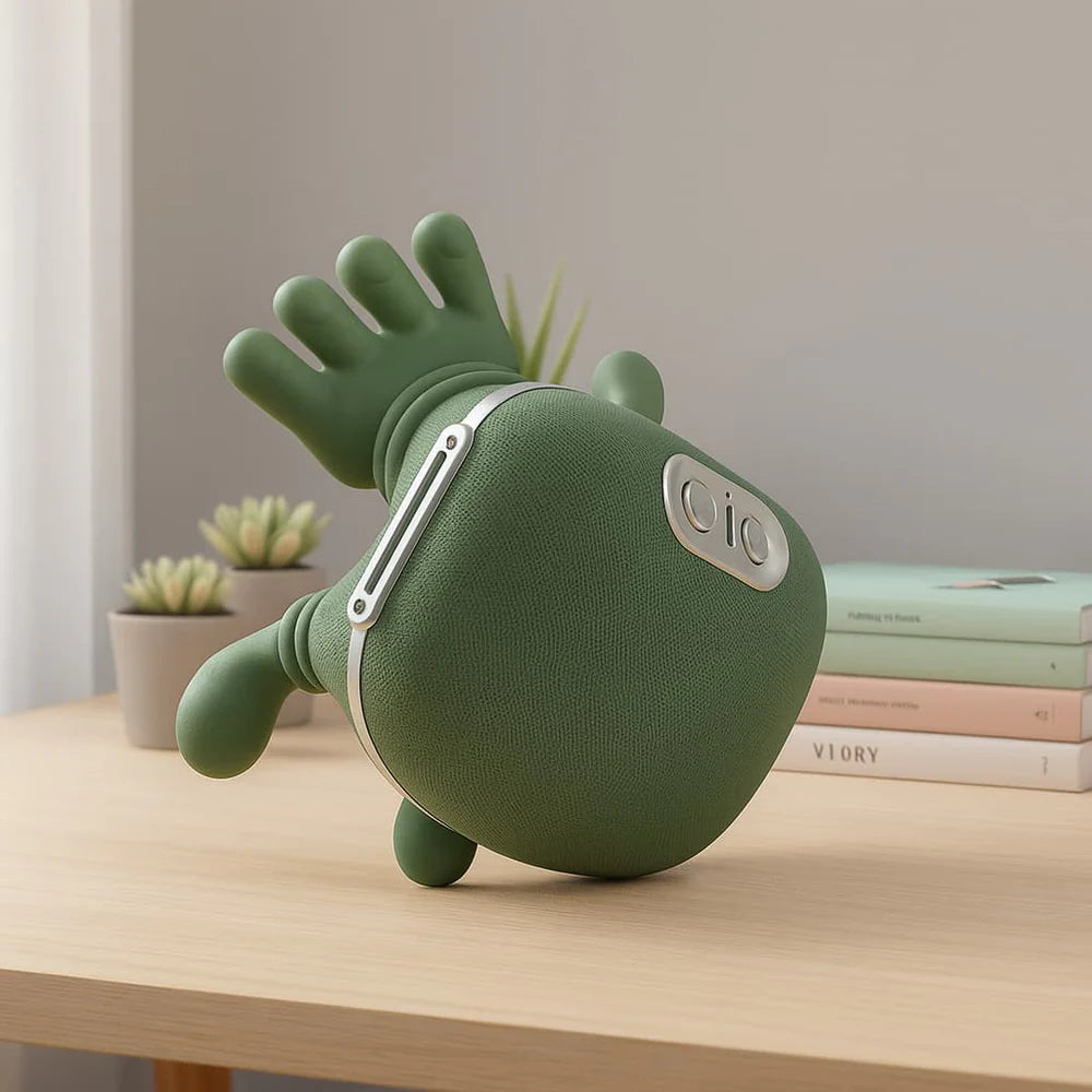 Green dinosaur-shaped speaker on a wooden surface with a neutral background