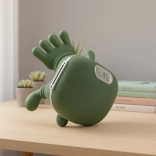 Green dinosaur-shaped speaker on a wooden surface with a neutral background