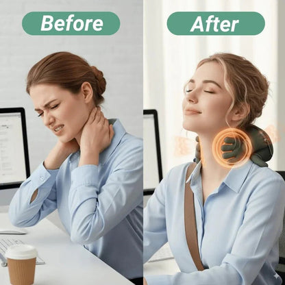 Before and after comparison of a woman using a neck massager at her desk.