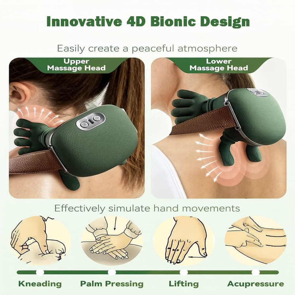 Innovative 4D Bionic Design massage device with upper and lower massage heads on a person, showing massage movements.