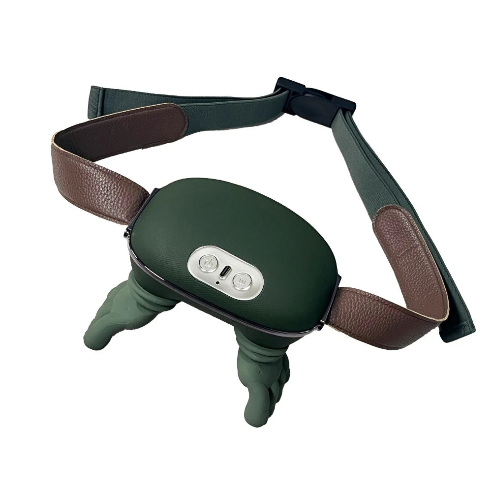 Green dog muzzle with brown straps on a white background